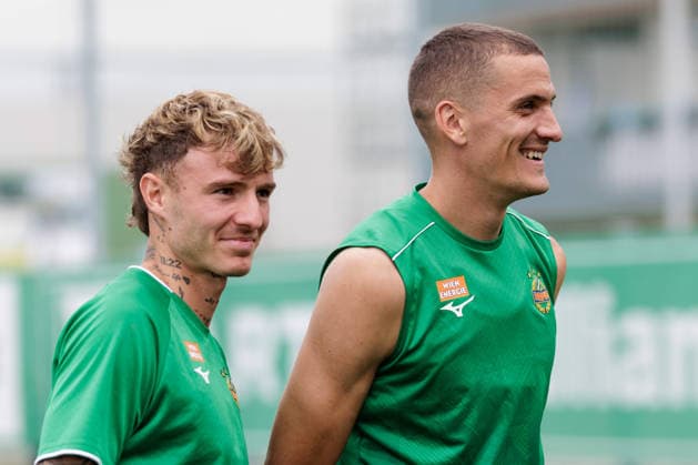 SOCCER - UEFA ECL, Rapid vs Hearts VIENNA,AUSTRIA,25.AUG.26 - SOCCER - UEFA Conference League, play-off, SK Rapid Wien vs Heart of Midlothian FC, preview, training Rapid. Image shows Bendeguz Bolla and Nenad Cvetkovic (Rapid).  GEPAxpictures xArminxRauthner