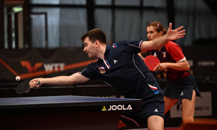 Second round of qualification mixed doubles of Table tennis, Tischtennis during the WTT Feeder Olomouc, Czech Republic, August 25, 2026. Nikita Petrovova, Jakub Kaucky of Czech Republic. (CTKxPhoto LudekxPerina) CTKPhotoP2026082502982  CTKPhotoP2026082502982