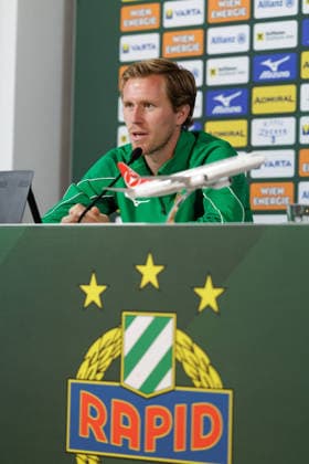 SOCCER - UEFA ECL, Rapid vs Hearts VIENNA,AUSTRIA,25.AUG.26 - SOCCER - UEFA Conference League, play-off, SK Rapid Wien vs Heart of Midlothian FC, preview, press conference, PK, Pressekonferenz Rapid. Image shows Tonni Adamsen (Rapid).  GEPAxpictures xArminxRauthner