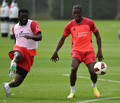 August 25, 2026, xophax, Soccer, Bundesliga 1, Bayer 04 Leverkusen, Practice, 2026–2027 Season: Victor Boniface (Bayer 04) on the left and Axel Tape (Bayer 04 Leverkusen) on the right