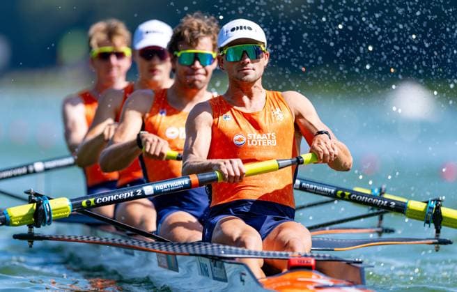 AMSTERDAM - Leonard van Lierop, Gert-Jan van Doorn, Eli Brouwer and Rik Rienks during the heats of the men s four without cox on the second day of the World Rowing Championships at the Bosbaan in the Amsterdam Forest. IRIS VAN DEN BROEK ANP xVIxANPxSportx xxANPxIVx 566244976 originalFilename: 566244976.jpg