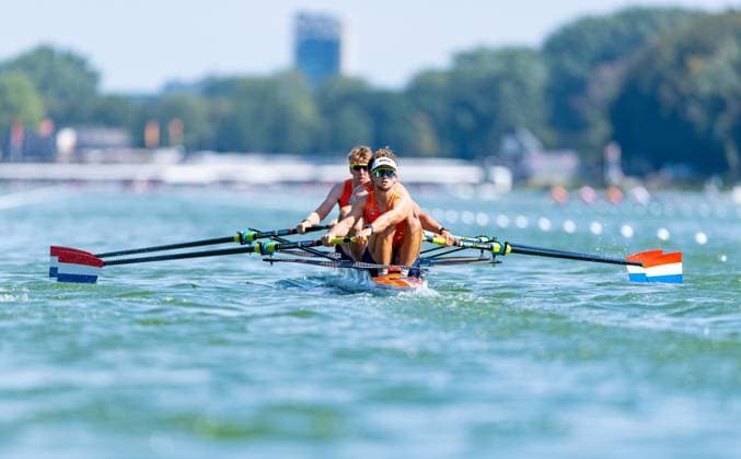 AMSTERDAM - Leonard van Lierop, Gert-Jan van Doorn, Eli Brouwer and Rik Rienks during the heats of the men s four without cox on the second day of the World Rowing Championships at the Bosbaan in the Amsterdam Forest. IRIS VAN DEN BROEK ANP xVIxANPxSportx xxANPxIVx 566245002 originalFilename: 566245002.jpg