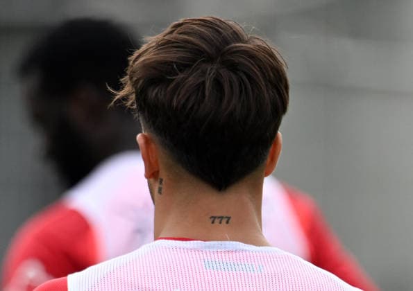 25.08.2026, xophax, Fussball 1.Bundesliga, Bayer 04 Leverkusen , Training , Saison 2026 2027. Afonso Moreira , ( Bayer 04) mit Tattoo 777 . Leverkusen *** August 25, 2026, xophax, Soccer, Bundesliga 1, Bayer 04 Leverkusen, Training, 2026–2027 Season, Afonso Moreira, Bayer 04 with the number 777 tattoo, Leverkusen