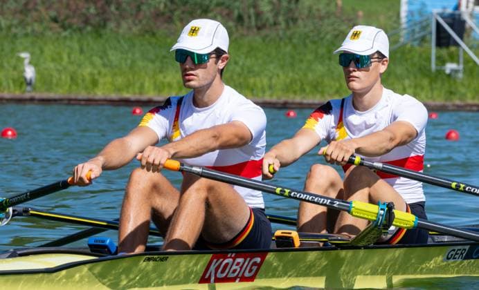 AMSTERDAM - Naveen Alexander Shah and Maximilian Ruehling (GER) during the heats of the lightweight men s double sculls event on the second day of the World Rowing Championships at the Bosbaan in the Amsterdam Forest. IRIS VAN DEN BROEK ANP xVIxANPxSportx xxANPxIVx 566248507 originalFilename: 566248507.jpg