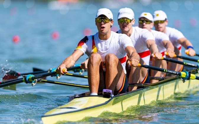 AMSTERDAM - Marc Weber, Felix Heinrich, Jonas Gelsen and Ole Hohensee (GER) during the heats of the men s double sculls on the second day of the World Rowing Championships at the Bosbaan in the Amsterdam Forest. IRIS VAN DEN BROEK ANP xVIxANPxSportx xxANPxIVx 566249047 originalFilename: 566249047.jpg