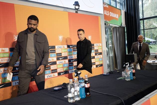 ZEIST , 25-08-2026 , KNVB Campus, Presentation of the new manager, trainer coach of Oranje (Dutch National Football Team) Xavi Hernandez and Nigel de Jong (R) Presentation Xavi Hernandez  x206040083x Copyright: