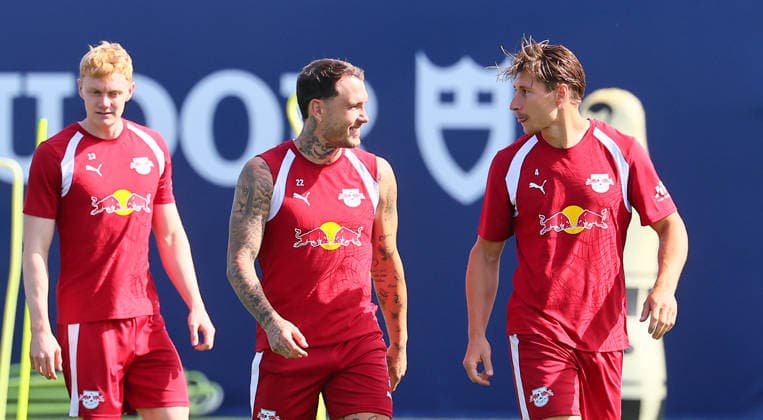 RB Leipzig - Training Bundesliga Leipzig, 25.08.2026, Trainingszentrum Cottaweg, Fußball Bundesliga , RB LEIPZIG - Training, Saisonvorbereitung zur Saison 2026 27 , Im Bild v.l.: Nicolas Seiwald, David Raumr und Willi Orban , *** RB Leipzig Training: Bundesliga, Leipzig, August 25, 2026, Cottaweg Training Center, Bundesliga Soccer, RB Leipzig Training, Preseason for the 2026–27 Season, Pictured from left: Nicolas Seiwald, David Raumr, and Willi Orban, Picture Point