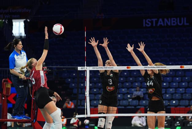 Hungary v Germany - CEV EuroVolley 2026 ISTANBUL, TURKIYE - AUGUST 25: Anett Nemeth (13) and Zsofia Csereklye (44) of Hungary in action against Emilia Weske (13) of Germany during the CEV EuroVolley 2026 Women Group A match between Hungary and Germany at Sinan Erdem Sports Hall, on August 25, 2026 in Istanbul, Turkiye. Esra Bilgin Anadolu Istanbul Turkey. Editorial use only. Please get in touch for any other usage.  Copyright: x2026xAnadoluxEsraxBilginx