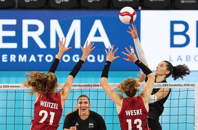 Hungary v Germany - CEV EuroVolley 2026 ISTANBUL, TURKIYE - AUGUST 25 : Lilla Kiss of Hungary competes with Emilia Weske (13) of Germany during CEV EuroVolley 2026 Women match between Hungary and Germany at Sinan Erdem Hall in Istanbul, Turkiye on August 25, 2026. Esra Bilgin Anadolu Istanbul Turkey. Editorial use only. Please get in touch for any other usage.  Copyright: x2026xAnadoluxEsraxBilginx