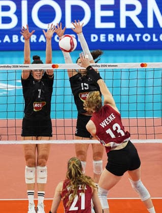 Hungary v Germany - CEV EuroVolley 2026 ISTANBUL, TURKIYE - AUGUST 25 : Lilla Kiss of Hungary competes with Emilia Weske (13) of Germany during CEV EuroVolley 2026 Women match between Hungary and Germany at Sinan Erdem Hall in Istanbul, Turkiye on August 25, 2026. Esra Bilgin Anadolu Istanbul Turkey. Editorial use only. Please get in touch for any other usage.  Copyright: x2026xAnadoluxEsraxBilginx