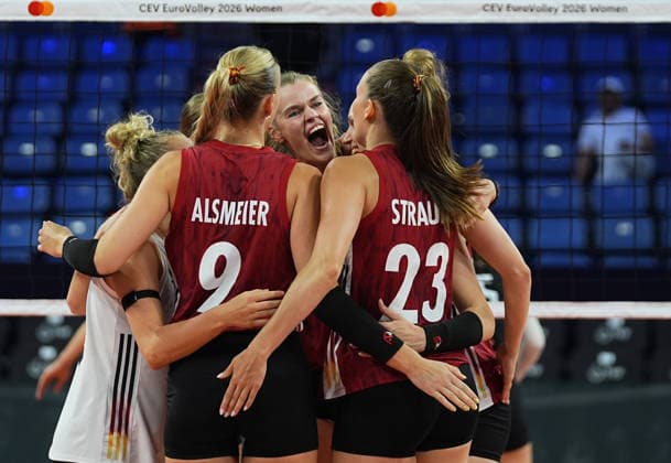 Hungary v Germany - CEV EuroVolley 2026 ISTANBUL, TURKIYE - AUGUST 25: Players of Germany celebrate after a point during the CEV EuroVolley 2026 Women Group A match between Hungary and Germany at Sinan Erdem Sports Hall, on August 25, 2026 in Istanbul, Turkiye. Esra Bilgin Anadolu Istanbul Turkey. Editorial use only. Please get in touch for any other usage.  Copyright: x2026xAnadoluxEsraxBilginx