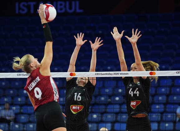 Hungary v Germany - CEV EuroVolley 2026 ISTANBUL, TURKIYE - AUGUST 25: Brigitta Petrenko (16) of Hungary in action against Lina Alsmeier (9) of Germany during the CEV EuroVolley 2026 Women Group A match between Hungary and Germany at Sinan Erdem Sports Hall, on August 25, 2026 in Istanbul, Turkiye. Esra Bilgin Anadolu Istanbul Turkey. Editorial use only. Please get in touch for any other usage.  Copyright: x2026xAnadoluxEsraxBilginx