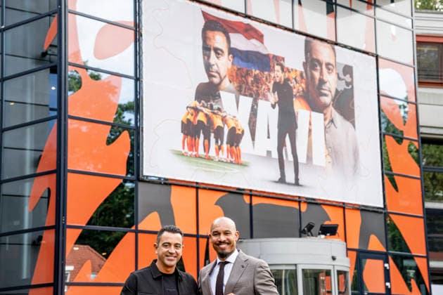 ZEIST (left to right) Xavi Hernandez, head coach of the Netherlands national team, Nationalteam and KNVB director Nigel de Jong during the press conference, PK, Pressekonferenz for Xavi Hernandez at the KNVB Campus on 25 August 2026 in Zeist, the Netherlands. (Photo by DeFodi Images) - *** ZEIST (from left to right): Xavi Hernandez, head coach of the Netherlands national team, and KNVB director Nigel de Jong during the press conference for Xavi Hernandez at the KNVB Campus on August 25, 2026, in Zeist, the Netherlands. Photo by DeFodi Images
