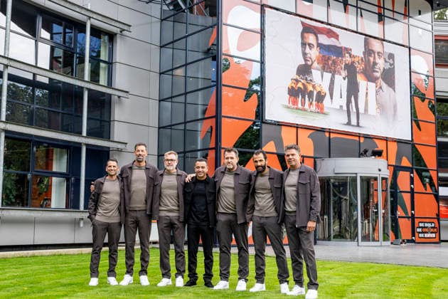 ZEIST Xavi Hernandez, head coach of the Netherlands national team; Sergio Alegre, assistant coach of the Netherlands national team; Oscar Hernandez, assistant coach of the Netherlands national team; Ruud van Nistelrooij, assistant coach of the Netherlands national team; Adil Ramzi, assistant coach of the Netherlands national team; Patrick Lodewijks, goalkeeping coach of the Netherlands national team; and Ivan Torres, performance coach of the Netherlands national team, during Xavi Hernandez’s press conference at the KNVB Campus on August 25, 2026, in Zeist, the Netherlands Photo by DeFodi Images