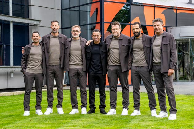 ZEIST Xavi Hernandez, head coach of the Netherlands national team; Sergio Alegre, assistant coach of the Netherlands national team; Oscar Hernandez, assistant coach of the Netherlands national team; Ruud van Nistelrooij, assistant coach of the Netherlands national team; Adil Ramzi, assistant coach of the Netherlands national team; Patrick Lodewijks, goalkeeping coach of the Netherlands national team; and Ivan Torres, performance coach of the Netherlands national team, during Xavi Hernandez’s press conference at the KNVB Campus on August 25, 2026, in Zeist, the Netherlands. Photo by DeFodi Images
