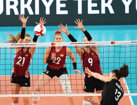 Hungary v Germany - CEV EuroVolley 2026 ISTANBUL, TURKIYE - AUGUST 25: Anett Nemeth (13) of Hungary in action against Lina Alsmeier (9) of Germany during the CEV EuroVolley 2026 Women Group A match between Hungary and Germany at Sinan Erdem Sports Hall, on August 25, 2026 in Istanbul, Turkiye. Esra Bilgin Anadolu Istanbul Turkey. Editorial use only. Please get in touch for any other usage.  Copyright: x2026xAnadoluxEsraxBilginx
