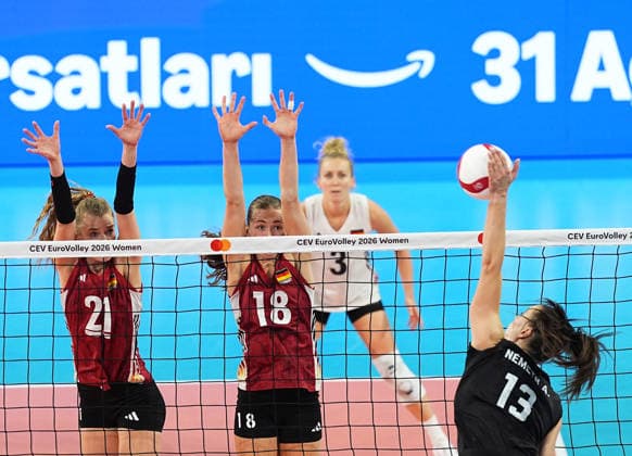 Hungary v Germany - CEV EuroVolley 2026 ISTANBUL, TURKIYE - AUGUST 25: Anett Nemeth (13) of Hungary in action against Leana Grozer (18) of Germany during the CEV EuroVolley 2026 Women Group A match between Hungary and Germany at Sinan Erdem Sports Hall, on August 25, 2026 in Istanbul, Turkiye. Esra Bilgin Anadolu Istanbul Turkey. Editorial use only. Please get in touch for any other usage.  Copyright: x2026xAnadoluxEsraxBilginx