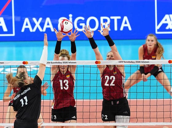 Hungary v Germany - CEV EuroVolley 2026 ISTANBUL, TURKIYE - AUGUST 25: Reka Bozoki-Szedmak (11) of Hungary in action against Emilia Weske (13) of Germany during the CEV EuroVolley 2026 Women Group A match between Hungary and Germany at Sinan Erdem Sports Hall, on August 25, 2026 in Istanbul, Turkiye. Esra Bilgin Anadolu Istanbul Turkey. Editorial use only. Please get in touch for any other usage.  Copyright: x2026xAnadoluxEsraxBilginx