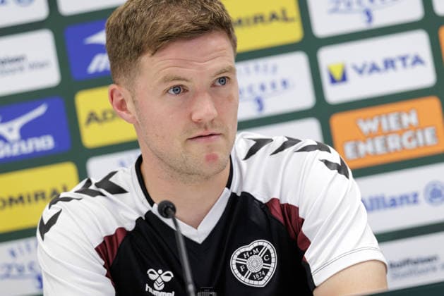SOCCER - UEFA ECL, Rapid vs Hearts VIENNA,AUSTRIA,25.AUG.26 - SOCCER - UEFA Conference League, play-off, SK Rapid Wien vs Heart of Midlothian FC, preview, press conference, PK, Pressekonferenz Hearts. Image shows Blair Spittal (Hearts).  GEPAxpictures xArminxRauthner