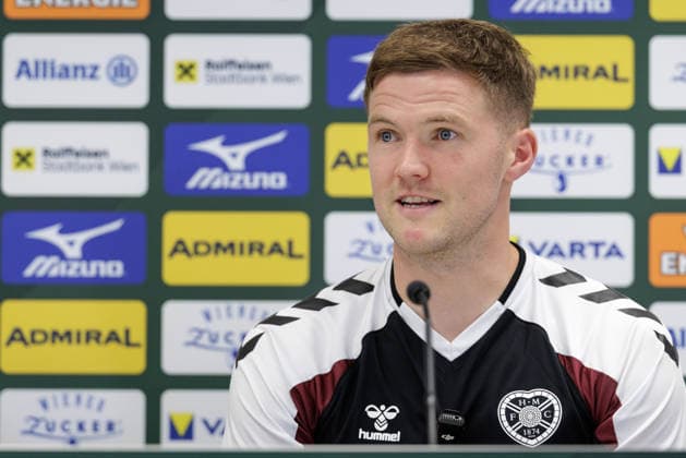 SOCCER - UEFA ECL, Rapid vs Hearts VIENNA,AUSTRIA,25.AUG.26 - SOCCER - UEFA Conference League, play-off, SK Rapid Wien vs Heart of Midlothian FC, preview, press conference, PK, Pressekonferenz Hearts. Image shows Blair Spittal (Hearts).  GEPAxpictures xArminxRauthner