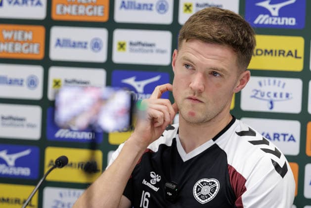 SOCCER - UEFA ECL, Rapid vs Hearts VIENNA,AUSTRIA,25.AUG.26 - SOCCER - UEFA Conference League, play-off, SK Rapid Wien vs Heart of Midlothian FC, preview, press conference, PK, Pressekonferenz Hearts. Image shows Blair Spittal (Hearts).  GEPAxpictures xArminxRauthner