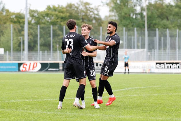 Creighton Braun 23, TSV Landsberg; Leon Bucher 20, TSV Landsberg; and Benito Alisanovic 4, TSV Landsberg—scorer of the 1-0 goal in the match between TSV Landsberg and TSV Schwaben Augsburg, soccer, men’s, Toto Cup, 2026–2027, Round of 16 on August 25, 2026, in Landsberg am Lech, Sportpark Bayern, Germany