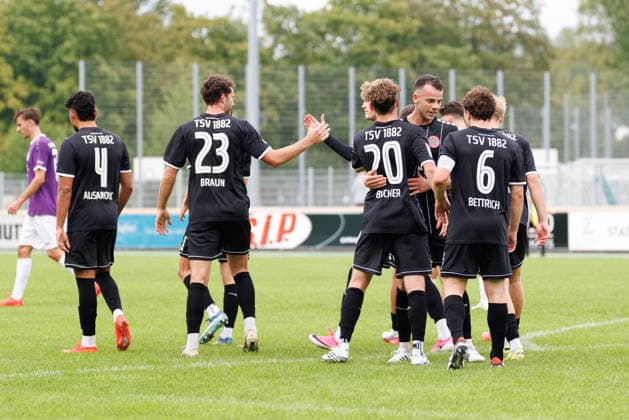 TSV Landsberg scores the 1–0 goal in the match between TSV Landsberg and TSV Schwaben Augsburg, soccer, men’s, Toto Cup, 2026–2027, Round of 16 on August 25, 2026, in Landsberg am Lech, Sportpark Bayern, Germany