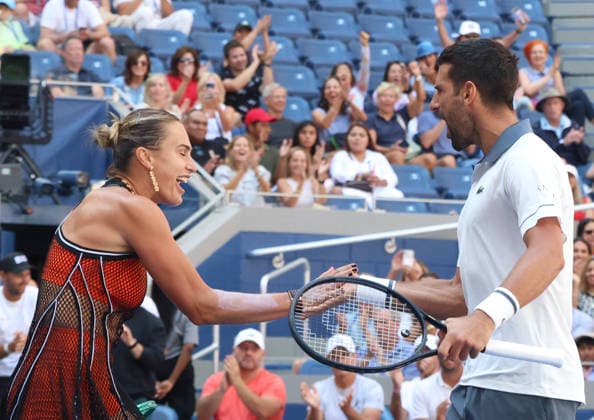 August 25, 2026, New York City, New York, USA: NOVAK DJOKOVIC (Serbia) and ARYNA SABALENKA during the match mixed doubles round 1 16 final of US Open against H. Patten (Great Britain) and K. Siniakova (Czech Republic). New York, USA. Tennis: US Open - Aryna Sabalenka, Novak Djokovic Double Mix  - ZUMAc278 20260825_zsp_c278_022 Copyright: xMarcinxCholewinskix