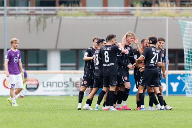 TSV Landsberg scores the goal to make it 2–1 in the match between TSV Landsberg and TSV Schwaben Augsburg, soccer, men s, Toto Cup, 2026–2027, Round of 16 on August 25, 2026, in Landsberg am Lech, Sportpark Bayern, Germany