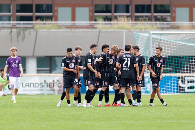 TSV Landsberg scores the goal to make it 2–1 in the match between TSV Landsberg and TSV Schwaben Augsburg, soccer, men s, Toto Cup, 2026–2027, Round of 16 on August 25, 2026, in Landsberg am Lech, Sportpark Bayern, Germany