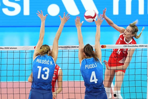 Poland v Slovenia - CEV EuroVolley 2026 ISTANBUL, TURKIYE - AUGUST 25:Julita Piasecka (8) of Poland in action against Masa Pucelj (4) of Slovenia during CEV Women s European Volleyball Championship Group A match between Poland and Slovenia at Sinan Erdem Dome in Istanbul, Turkiye on August 25, 2026. Esra Bilgin Anadolu Istanbul Turkey. Editorial use only. Please get in touch for any other usage.  Copyright: x2026xAnadoluxEsraxBilginx