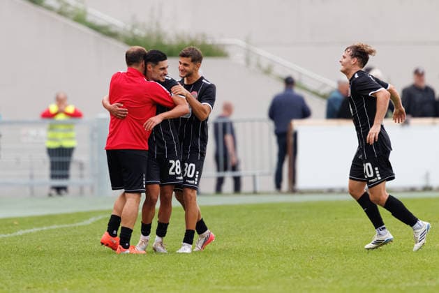 Halit Yilmaz 28, TSV Landsberg; Tiziano Mulas 30, TSV Landsberg; and Rene Schröder 100, TSV Landsberg—goal for the 3–1 lead in the match between TSV Landsberg and TSV Schwaben Augsburg, soccer, men’s, Toto Cup, 2026–2027, Round of 16 on August 25, 2026, in Landsberg am Lech, Sportpark Bayern, Germany