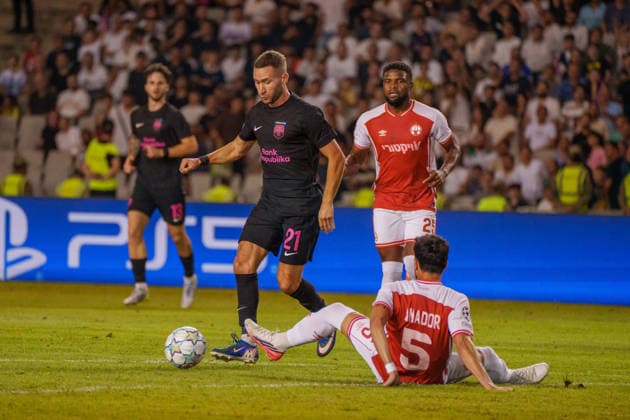 Veljko Simic and Pedro Amador seen during UEFA Champions League 26 27 4th qualifying round 2ed leg match between teams of Sabah FK and Hapoel Beer Sheva (Lukasz Germaniuk Ball Raw Images) Baku Tofiq Bahramov Stadium Azerbaijan Copyright: xLukaszxGermaniukx 260825WSZ-41