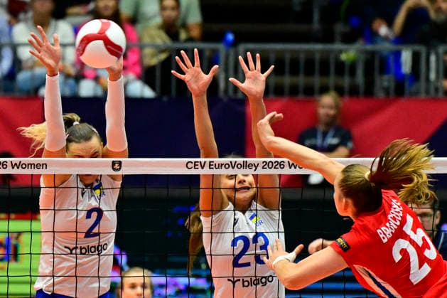From left Diana Meliushkyna and Yuliya Dymar of Ukraine and Monika Brancuska of Czech Republic in action during the Women s European Volleyball Championships Group B match Czech Republic vs Ukraine, on August 25, 2026, in Brno, Czech Republic. (CTKxPhoto VaclavxSalek) CTKPhotoP2026082505798  CTKPhotoP2026082505798