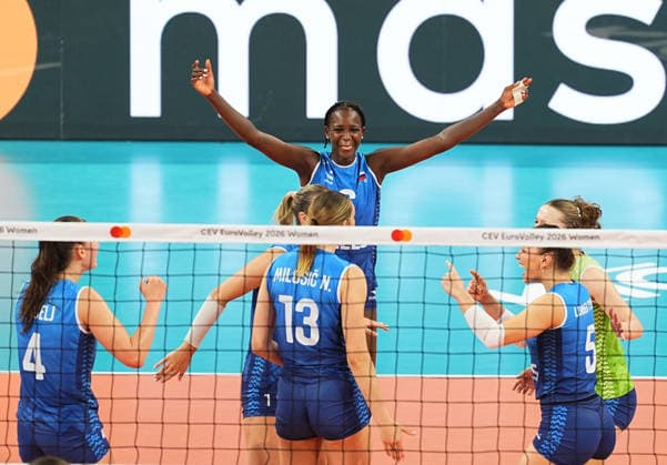 Poland v Slovenia - CEV EuroVolley 2026 ISTANBUL, TURKIYE - AUGUST 25: Players of Slovenia celebrate after a point during CEV Women s European Volleyball Championship Group A match between Poland and Slovenia at Sinan Erdem Dome in Istanbul, Turkiye on August 25, 2026. Esra Bilgin Anadolu Istanbul Turkey. Editorial use only. Please get in touch for any other usage.  Copyright: x2026xAnadoluxEsraxBilginx