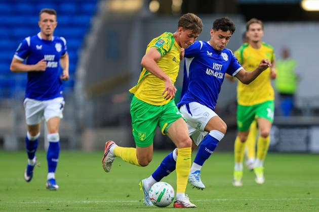 Cardiff City v Norwich City Carabao Cup Oscar Schwartau of Norwich City during the Carabao Cup Second Round match at the Cardiff City Stadium, Cardiff 25 08 2026 UK Newspapers OUT Copyright: xGeraintxNicholasx FIL-23831-0045
