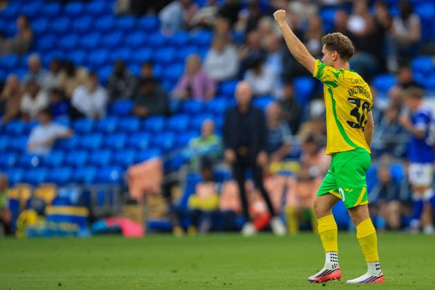 Cardiff City v Norwich City Carabao Cup Mathias Kvistgaarden of Norwich City celebrates after scoring during the Carabao Cup Second Round match at the Cardiff City Stadium, Cardiff 25 08 2026 UK Newspapers OUT Copyright: xGeraintxNicholasx FIL-23831-0051