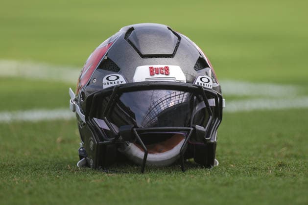 JACKSONVILLE, FL - AUGUST 25: A detailed view of the Tampa Bay Buccaneers helmet during the Jacksonville Jaguars joint practice with the Tampa Bay Buccaneers on August 25, 2026 at the Miller Electric Center in Jacksonville, Fl. (Photo by David Rosenblum Icon Sportswire) NFL, American Football Herren, USA AUG 25 Jaguars Training Camp EDITORIAL USE ONLY Icon260825250499