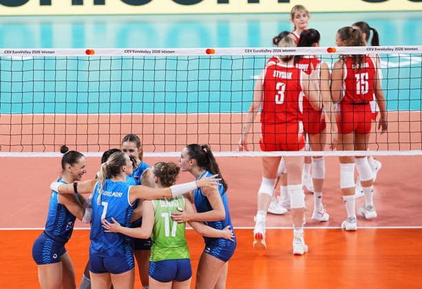 Poland v Slovenia - CEV EuroVolley 2026 ISTANBUL, TURKIYE - AUGUST 25: Players of Slovenia celebrate after scoring a point during the CEV EuroVolley 2026 Women Group A match between Poland and Slovenia at Sinan Erdem Sports Hall, on August 25, 2026, in Istanbul, Turkiye. Esra Bilgin Anadolu Istanbul Turkey. Editorial use only. Please get in touch for any other usage.  Copyright: x2026xAnadoluxEsraxBilginx