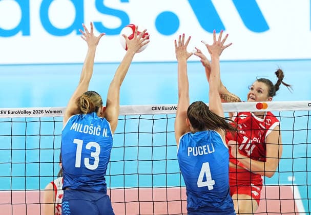Poland v Slovenia - CEV EuroVolley 2026 ISTANBUL, TURKIYE - AUGUST 25: Monika Lampkowska (14) of Poland in action against Masa Pucelj (4) of Slovenia during the CEV EuroVolley 2026 Women Group A match between Poland and Slovenia at Sinan Erdem Sports Hall, on August 25, 2026, in Istanbul, Turkiye. Esra Bilgin Anadolu Istanbul Turkey. Editorial use only. Please get in touch for any other usage.  Copyright: x2026xAnadoluxEsraxBilginx