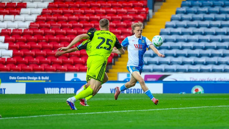 Blackburn Rovers v Sheffield United, EFL Cup Blackburn Rovers midfielder Dion De Neve (14) shot is saved during the EFL Cup match between Blackburn Rovers and Sheffield United at Ewood Park, Blackburn, UK on 25 August 2026. Editorial use only DataCo restrictions apply See www.football-dataco.com , Copyright: xSimonxDaviesx PSI-24748-0129