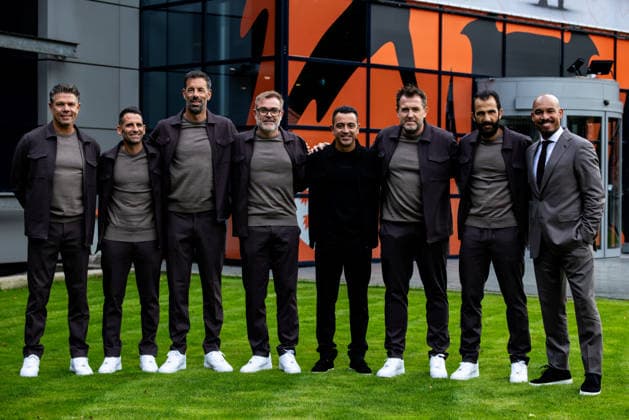ZEIST, NETHERLANDS - AUGUST 25: Netherlands goalkeeper coach Patrick Lodewijks, Netherlands performance coach Ivan Torres, Netherlands assistant coach Ruud van Nistelrooij, Netherlands assistant coach Oscar Hernandez, Netherlands head coach Xavi Hernandez, Netherlands assistant coach Sergio Alegre, Netherlands assistant coach dil Ramzi and KNVB director of football Nigel de Jong pose during the unveiling of Xavi Hernandez as the new head coach of the Netherlands men s football team at the KNVB Campus on August 25, 2026 in Zeist, Netherlands.  Copyright: xRenexNijhuis MBxMediax