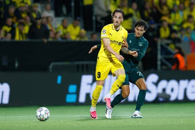 BODO , 25-08-2026 , Aspmyra Stadion , Champions League , knockout phase match 2 of 2 , season 2026 2027 , Bodo Glimt - NEC , picture shows NEC Nijmegen player Tobias Storm and Bodo Glimt player Andreas Helmersen Bodo Glimt - NEC  x206045470x Copyright: