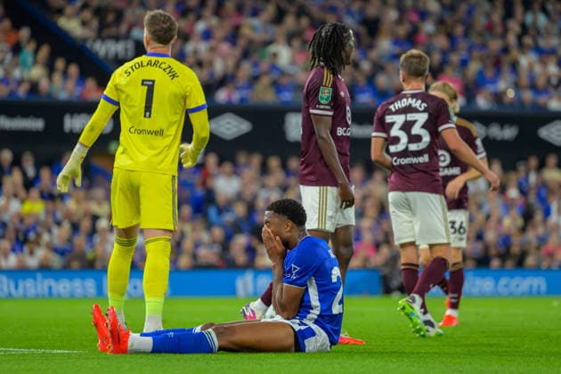 IPSWICH, ENGLAND AUGUST 25 - Chuba Akpom of Ipswich Town looks dejected during the Carabao Cup game between Ipswich Town and Leicester City at Portman Road on August 25, 2026 in Ipswich, England. (Photo by Keeran Marquis Sports Press Photo) Copyright: xKeeranxMarquis SPPx Sportspressphoto_SPR215427