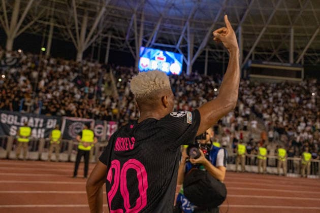 Joy Lance Mickels celebrating after scoring final goal seen during UEFA Champions League 26 27 4th qualifying round 2ed leg match between teams of Sabah FK and Hapoel Beer Sheva (Lukasz Germaniuk Ball Raw Images) Baku Tofiq Bahramov Stadium Azerbaijan Copyright: xLukaszxGermaniukx GER_SABvHBS-5