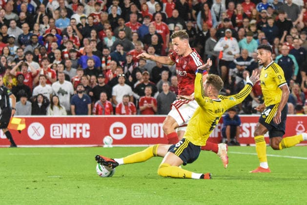 Nottingham Forest v Leeds, Carabao Cup Second round, The City Ground, Nottingham, UK - 25 August 2026 Nottingham Forest s Chris Wood challenged by Leeds United s Joe Rondon , UK NEWSPAPERS OUT Copyright: xRichardxBowcottx