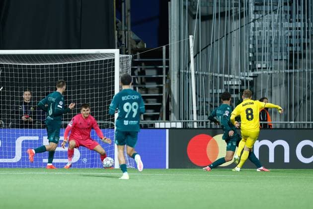 BODO , 25-08-2026 , Aspmyra Stadion , Champions League , knockout phase match 2 of 2 , season 2026 2027 , Bodo Glimt - NEC , picture shows Bodo Glimt player Sondre Auklend scores Bodo Glimt - NEC  x206046464x Copyright: