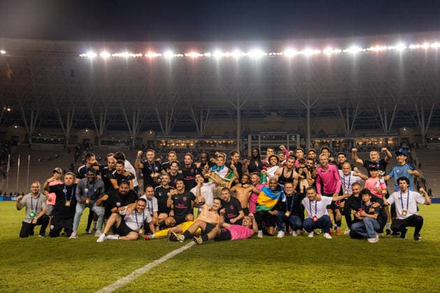 Players of Sabah celebrating seen during UEFA Champions League 26 27 4th qualifying round 2ed leg match between teams of Sabah FK and Hapoel Beer Sheva (Lukasz Germaniuk Ball Raw Images) Baku Tofiq Bahramov Stadium Azerbaijan Copyright: xLukaszxGermaniukx GER_SABvHBS-28