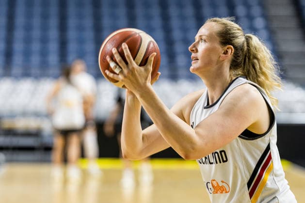 COLOGNE, GERMANY - AUGUST 25: Marie Guelich (Gülich, Germany, 21) controls the ball during media training of DBB Germany women at Lanxess Arena on August 25, 2026 in Cologne, Germany. North Rhine Westphalia Germany Copyright: xSteffiexWunderlx