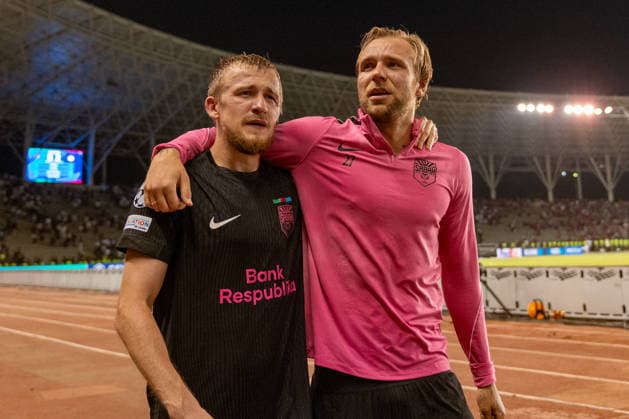 Tymoteusz Puchacz and Aleksey Isayev cries after advancing to the Champions League seen during UEFA Champions League 26 27 4th qualifying round 2ed leg match between teams of Sabah FK and Hapoel Beer Sheva (Lukasz Germaniuk Ball Raw Images) Baku Tofiq Bahramov Stadium Azerbaijan Copyright: xLukaszxGermaniukx GER_SABvHBS-40